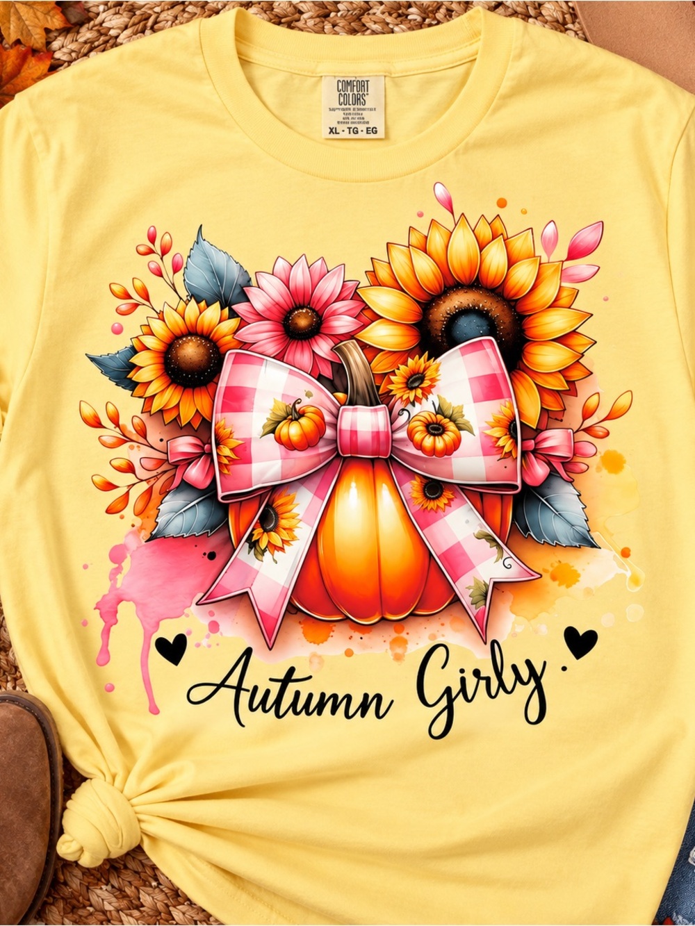 Comfort Colors Yellow Kids Tee with Autumn Pumpkin & Sunflower Bow